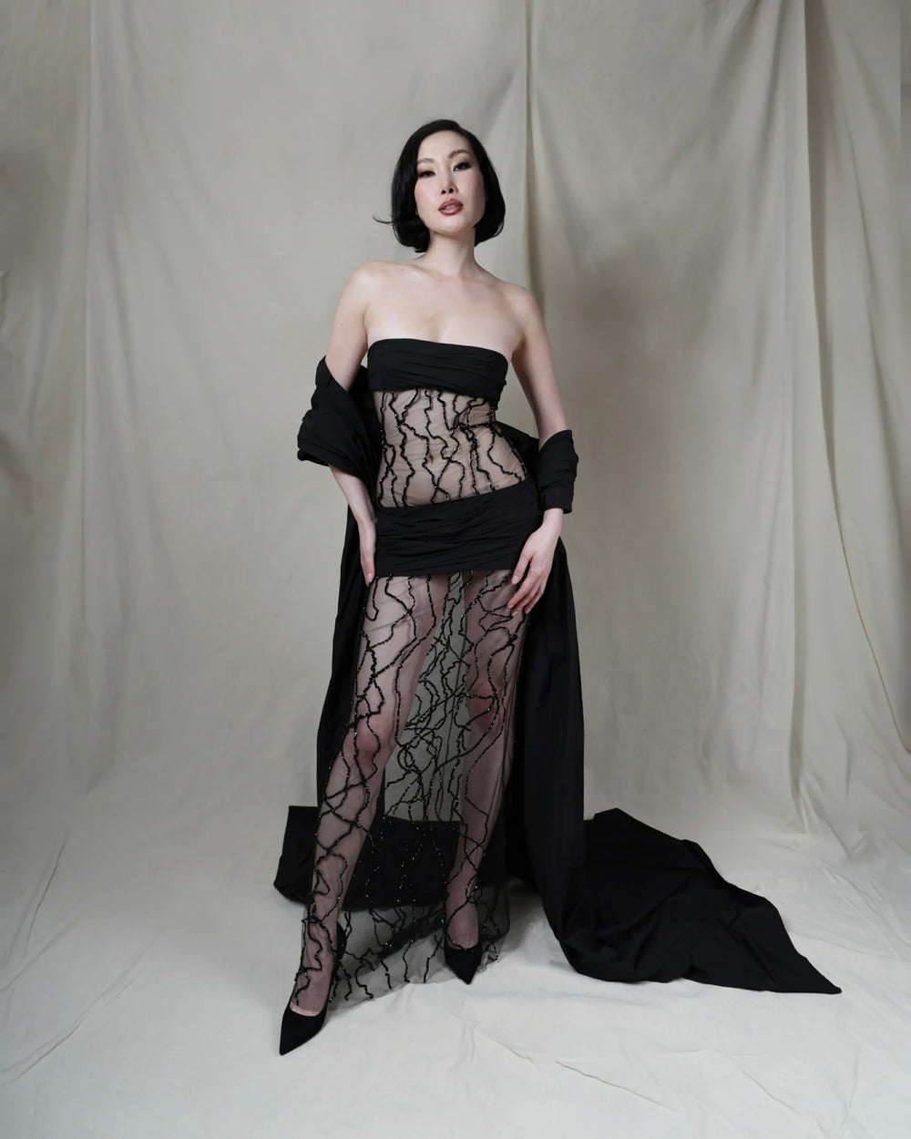 Obsidian Mirage Dress | Sheer Black Beaded Strapless Couture Gown