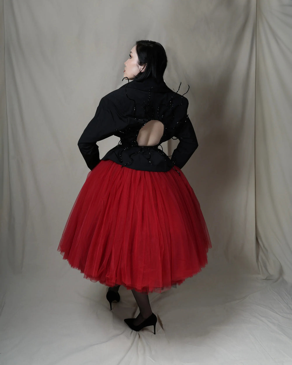 Crimson Eclipse Dress – Haute Couture Black & Red Tulle Midi Dress