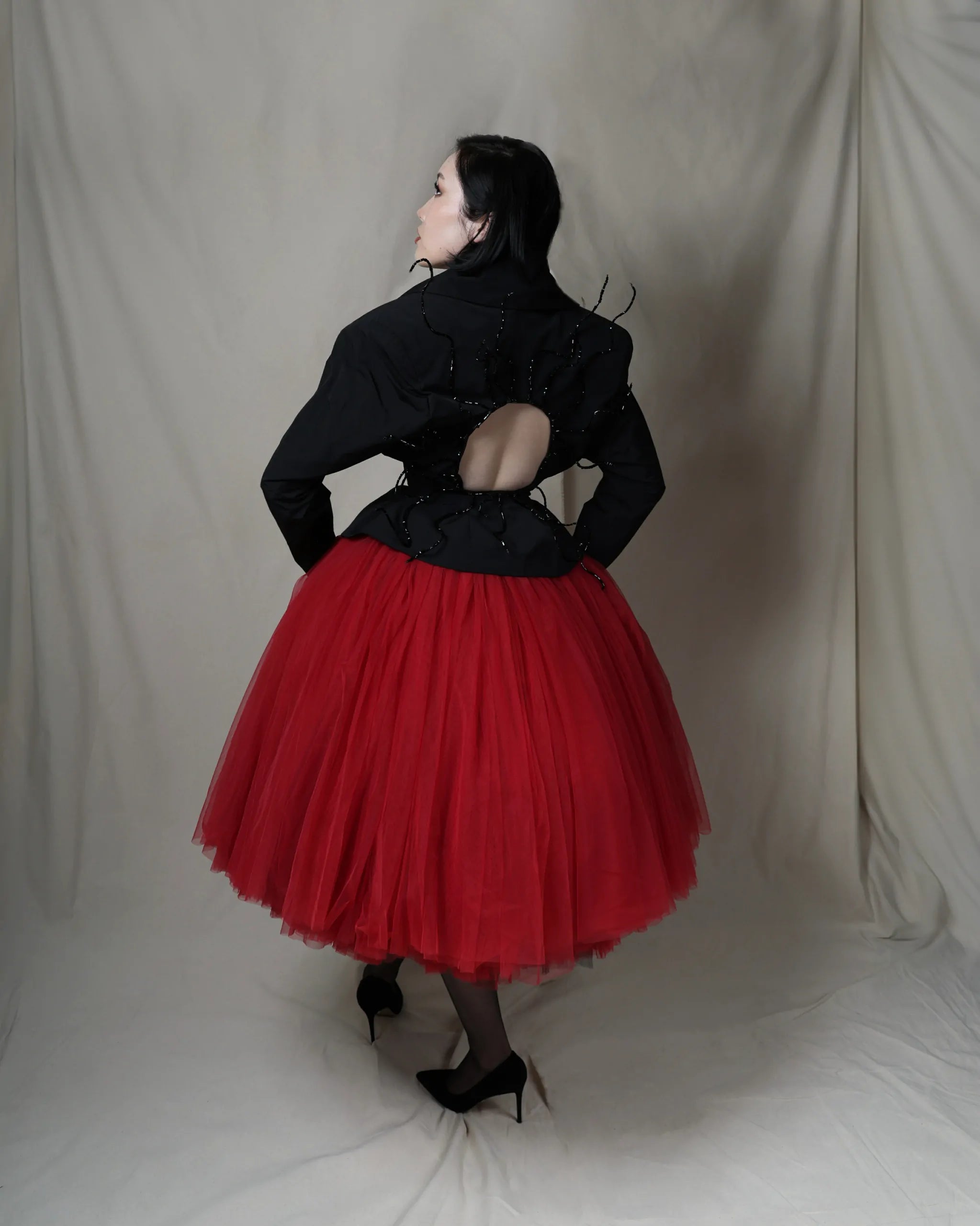 Crimson Eclipse Dress – Haute Couture Black & Red Tulle Midi Dress