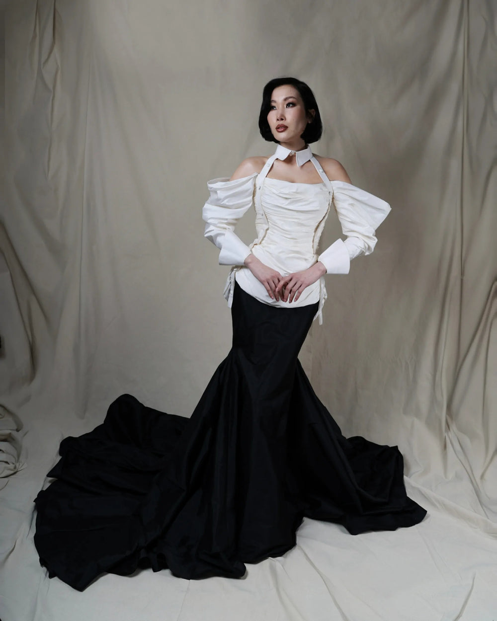 The Noir Majesty Dress – Luxury Black & White Silk Maxi Evening Gown