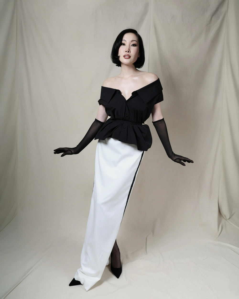 Monochrome Muse Dress – Black & White Off-Shoulder Satin Maxi Dress