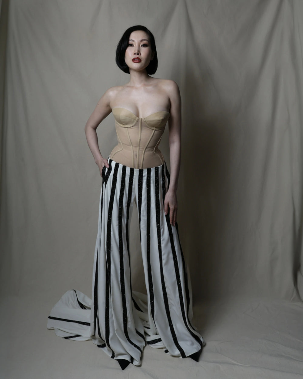 Ivory Illusion Dress – Nude Corset & Striped Satin Maxi Gown