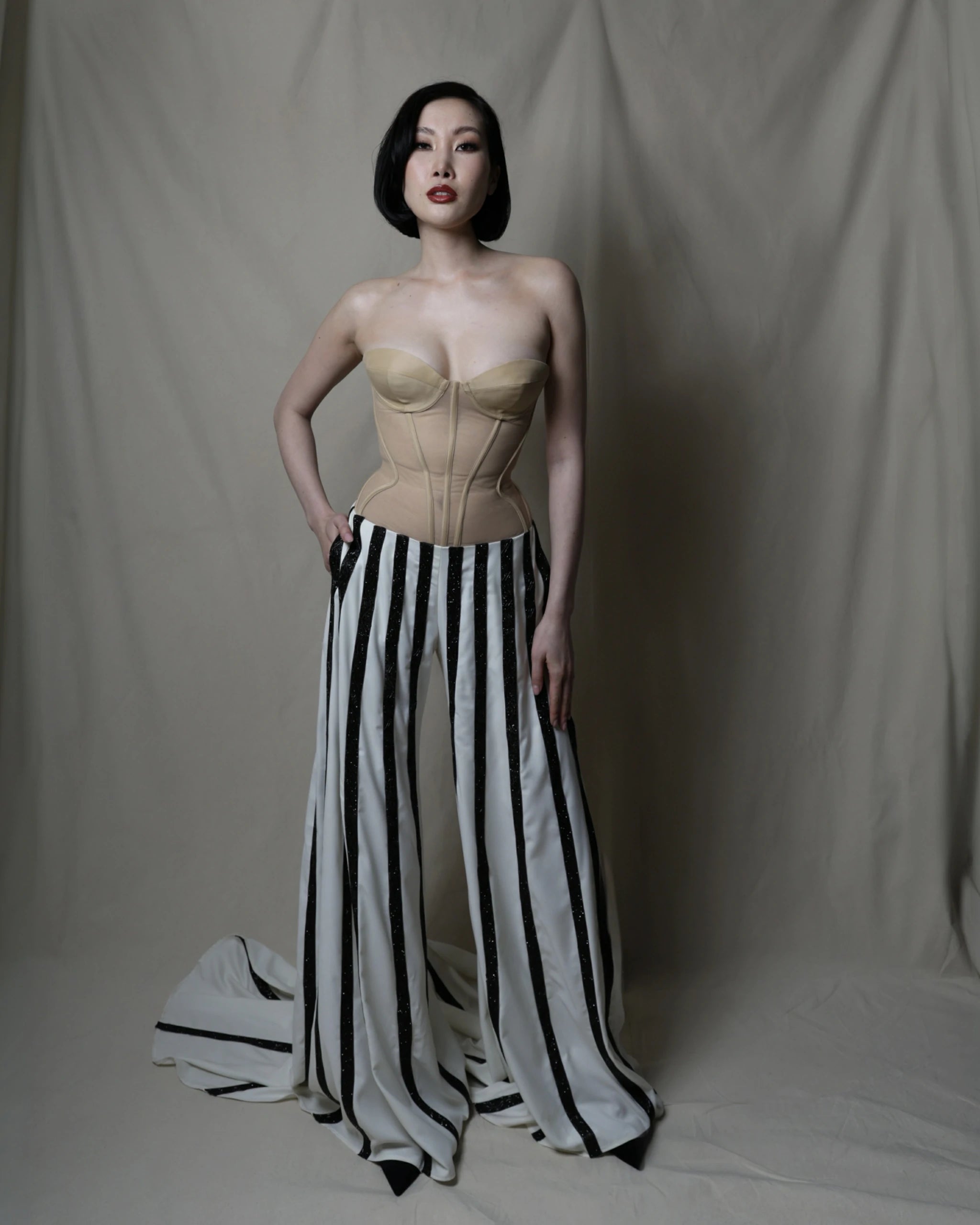 Ivory Illusion Dress – Nude Corset & Striped Satin Maxi Gown