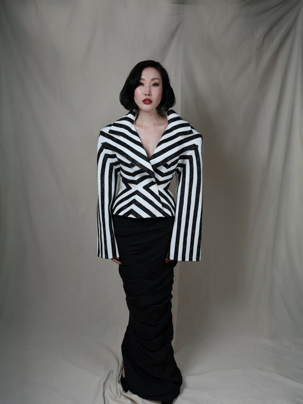 Noir Geometry Dress | Black and White Structured Maxi Couture Dress | Atelier by Designers & Us