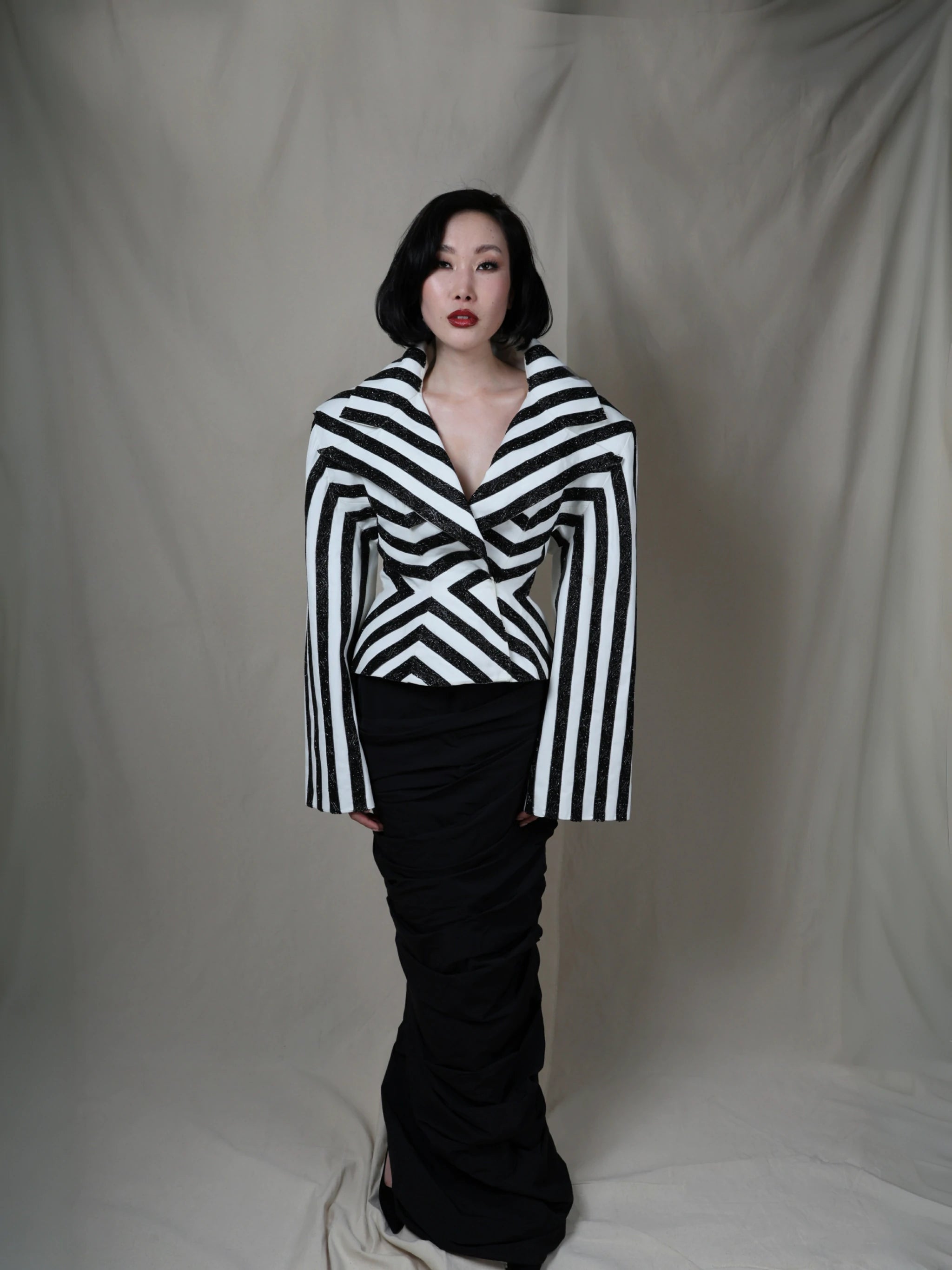 Noir Geometry Dress | Black and White Structured Maxi Couture Dress | Atelier by Designers & Us