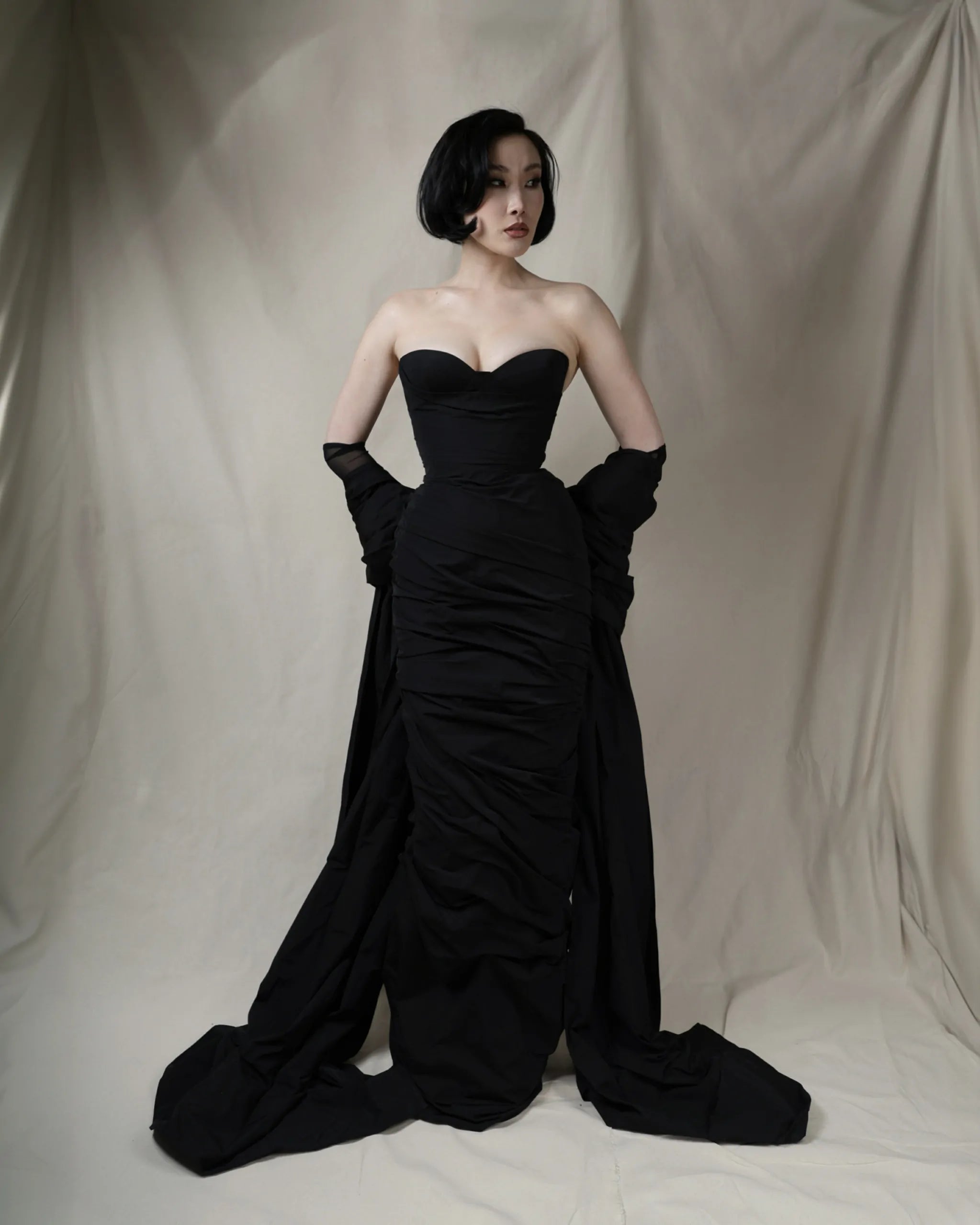 Noir Siren Dress – Black Satin Sweetheart Maxi Gown