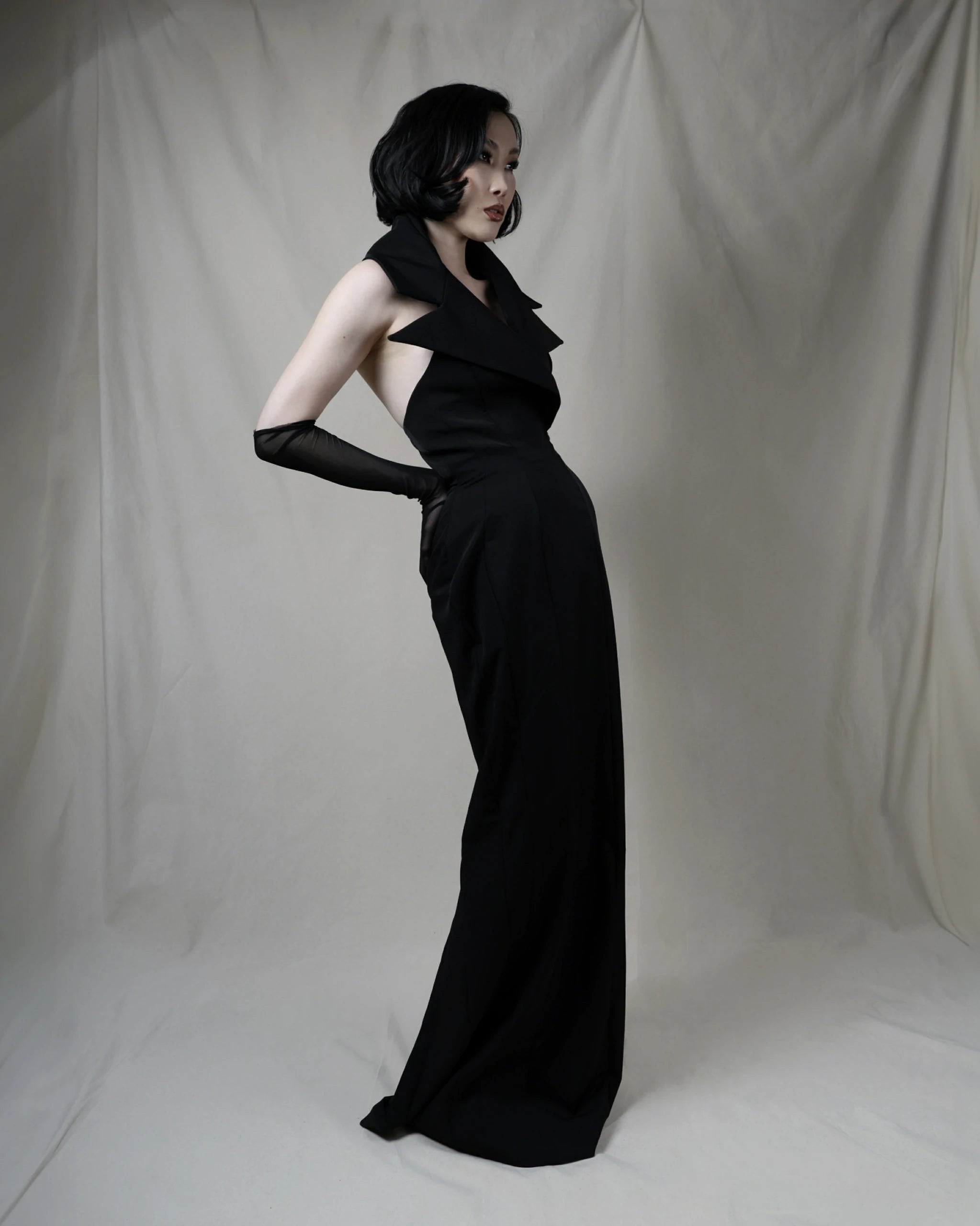 Noir Siren Dress – Black Satin Maxi Dress with Tailored Halter Neckline