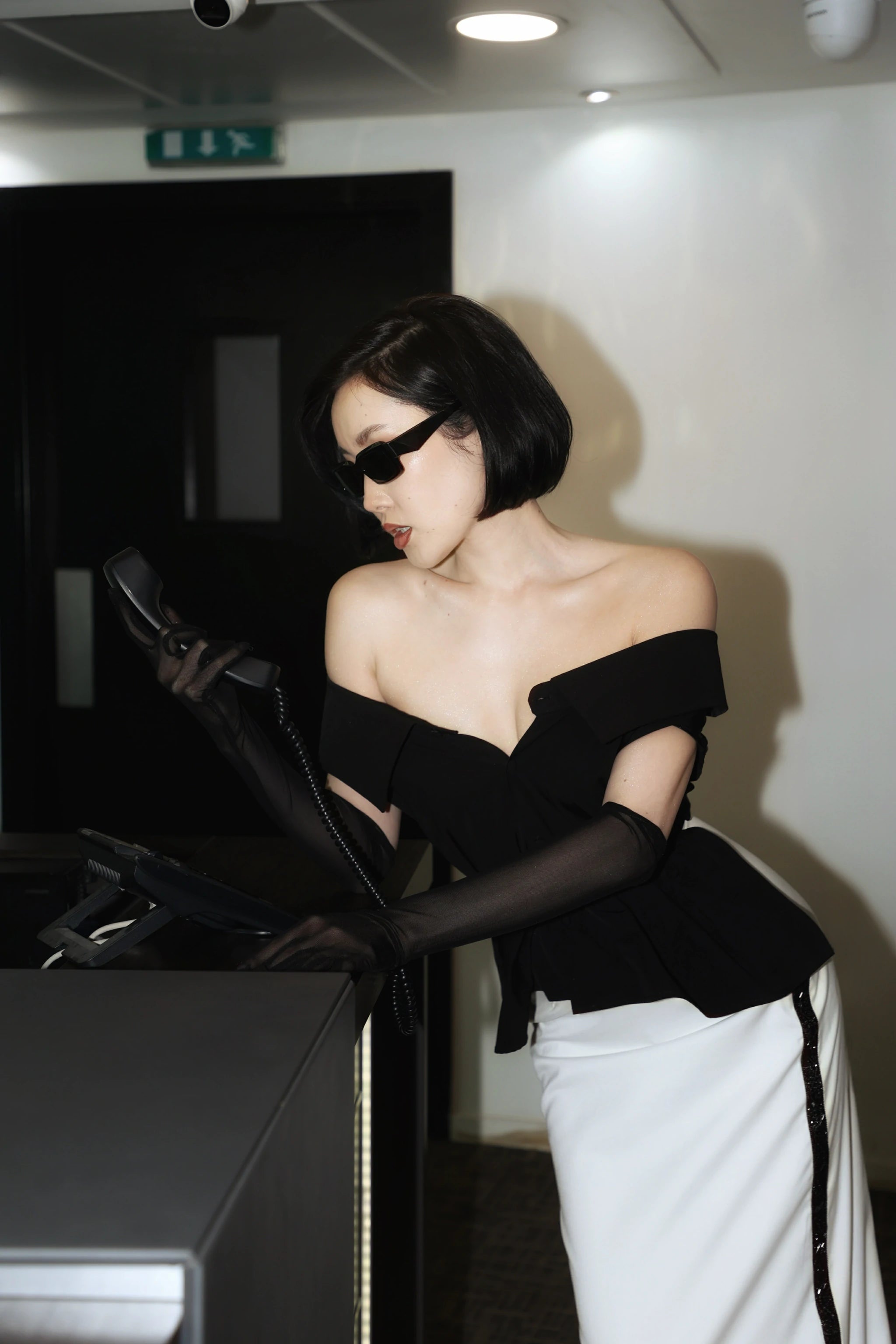 Monochrome Muse Dress – Black & White Off-Shoulder Satin Maxi Dress