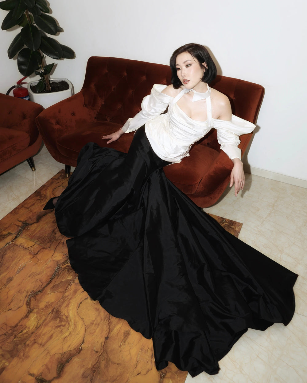 The Noir Majesty Dress – Luxury Black & White Silk Maxi Evening Gown