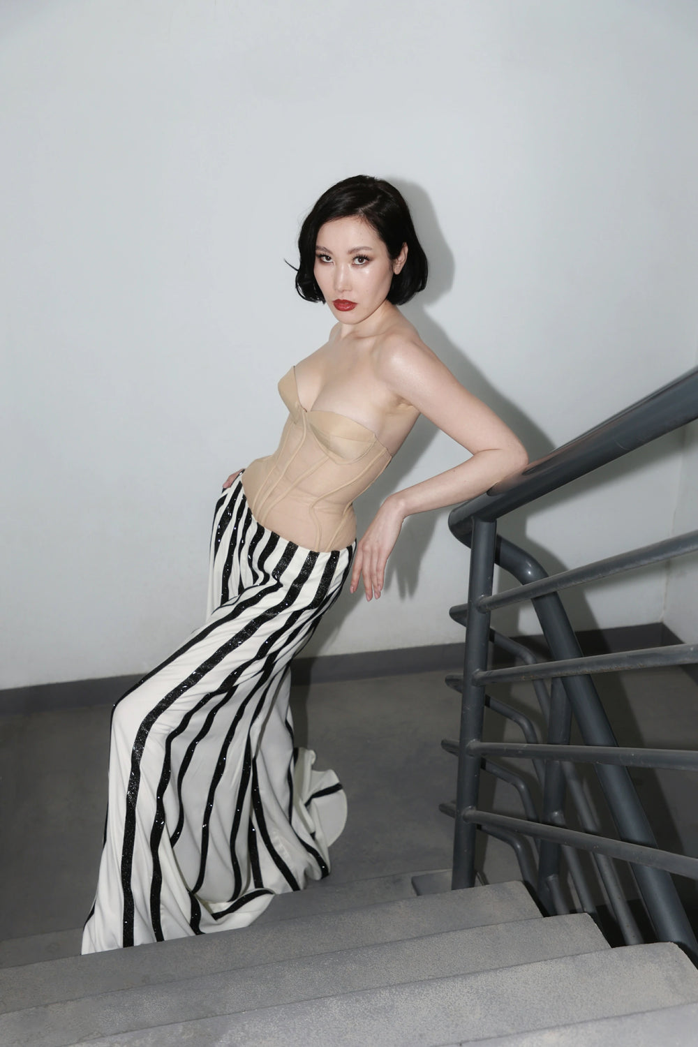 Ivory Illusion Dress – Nude Corset & Striped Satin Maxi Gown