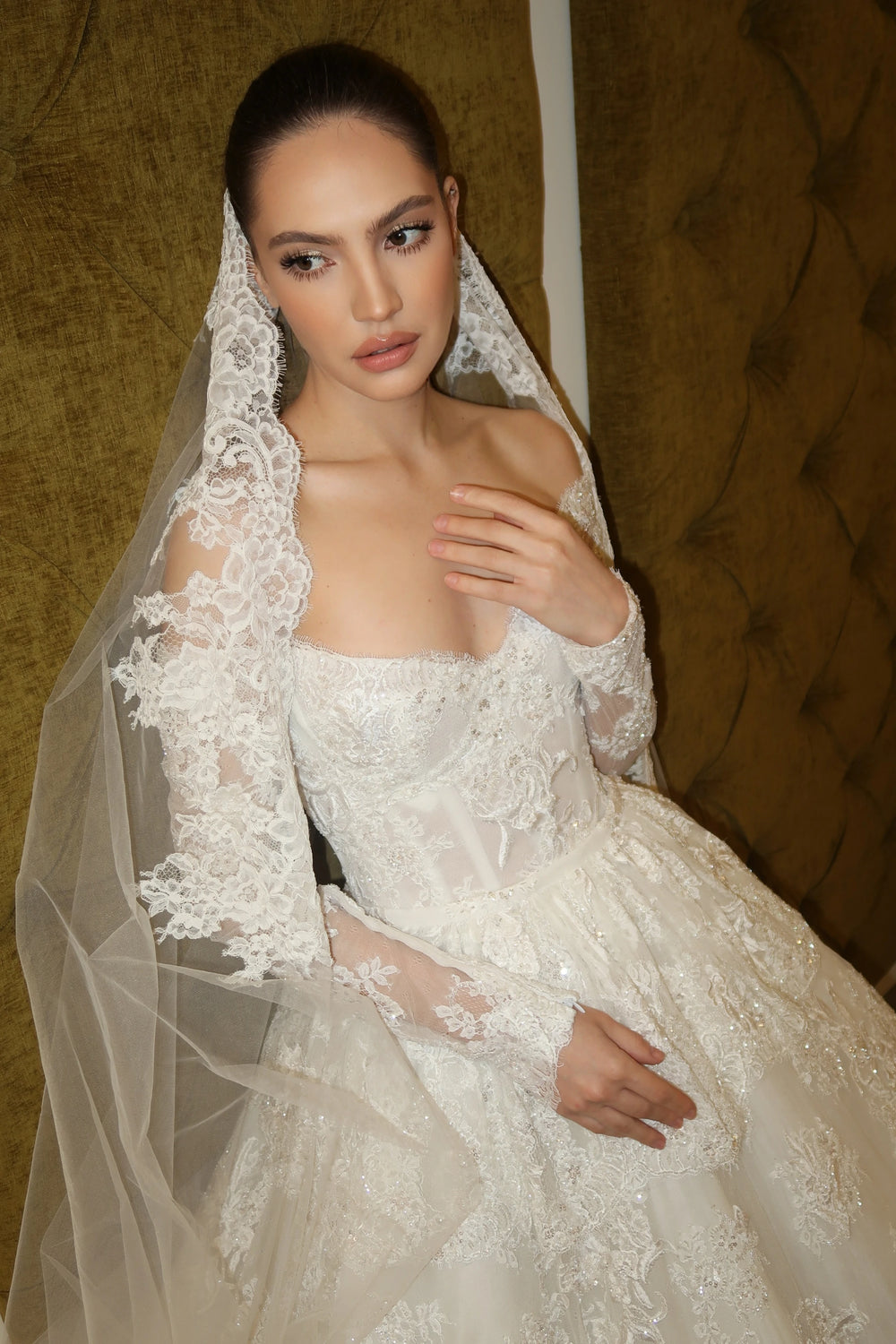 Regal Enchantress Dress – Luxury Ivory Lace Ball Gown with Sleeves & Veil