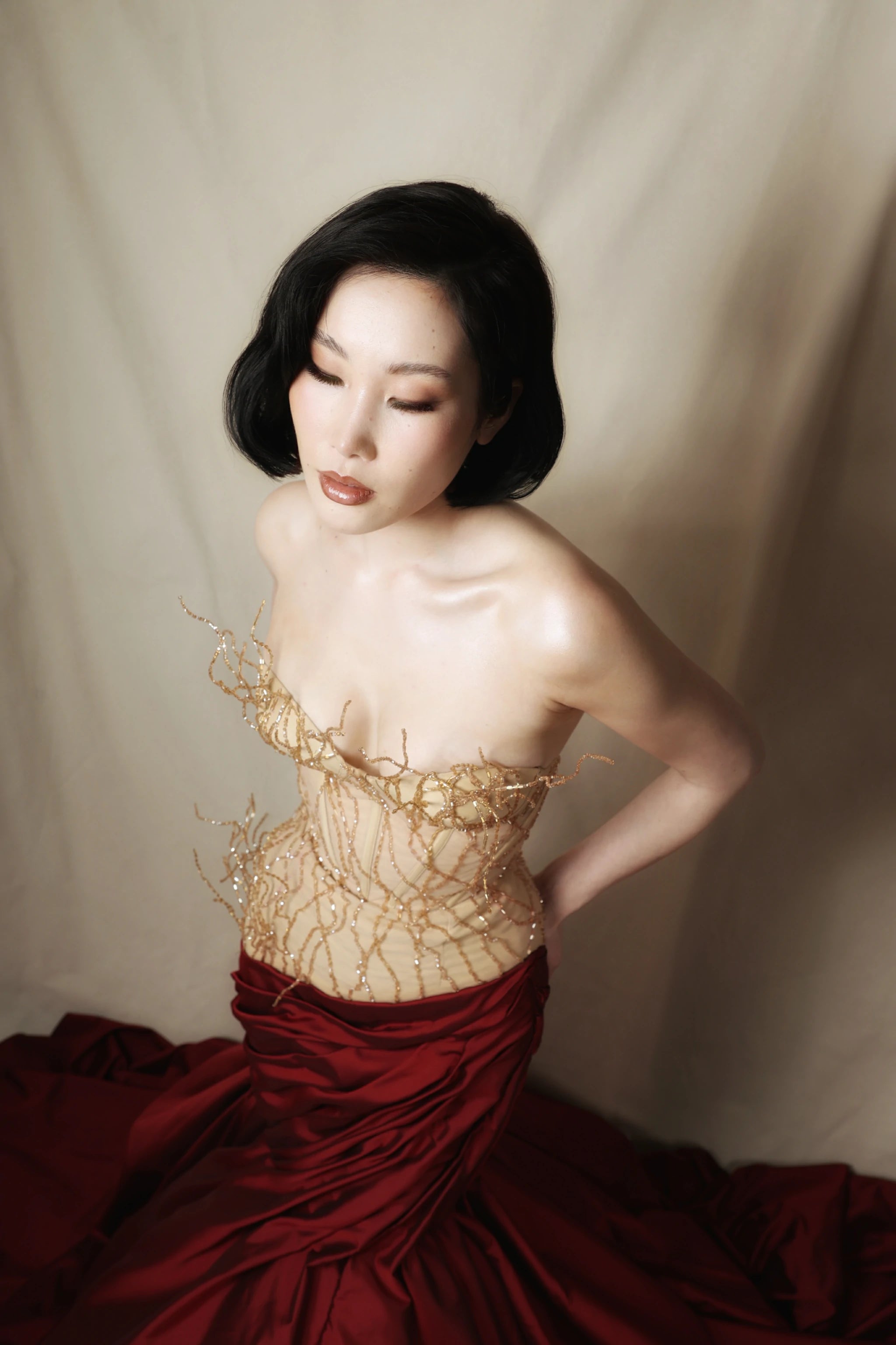 Crimson Empress Dress – Luxury Satin Maxi Gown with Beaded Bodice