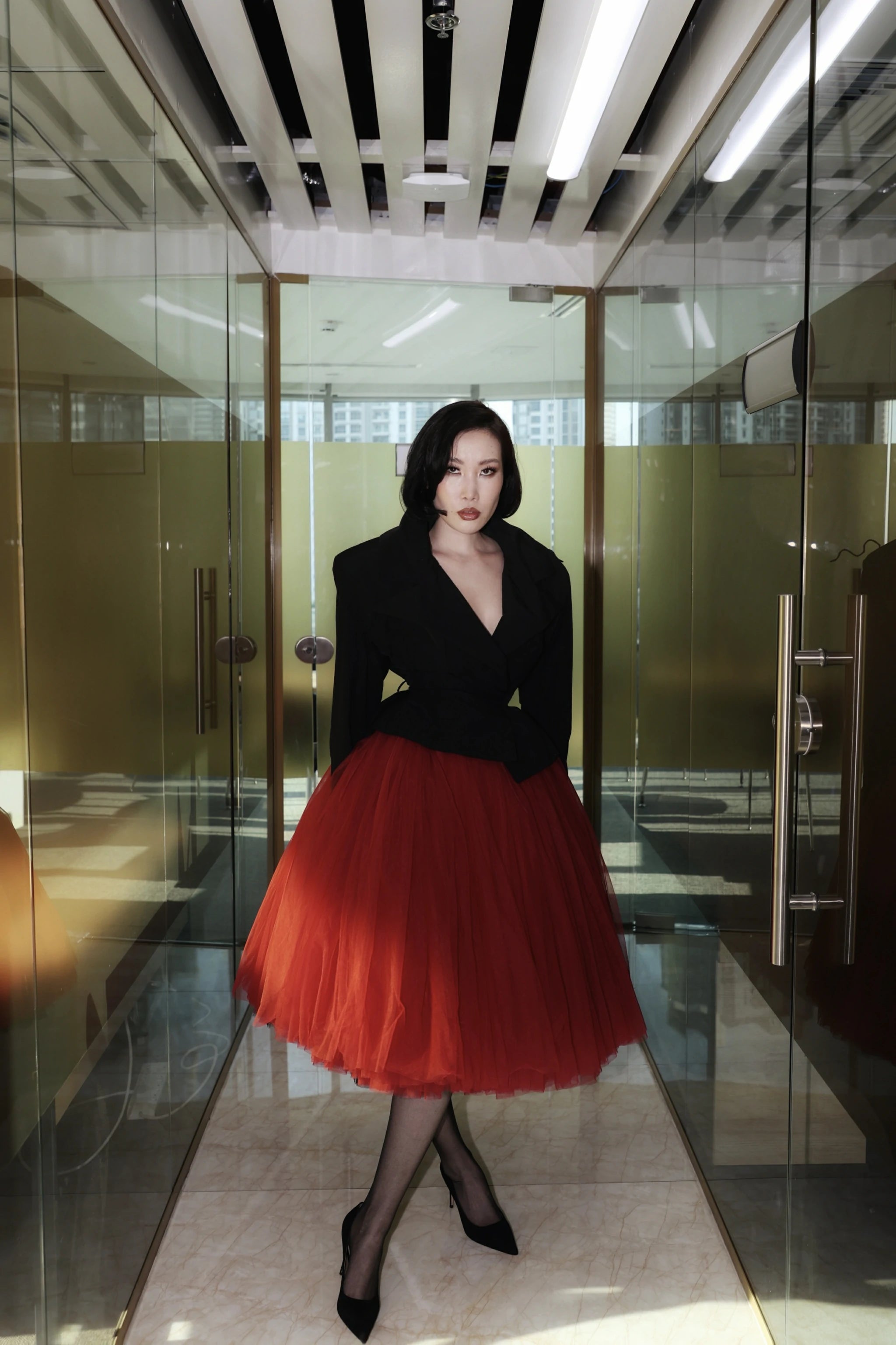 Crimson Eclipse Dress – Haute Couture Black & Red Tulle Midi Dress