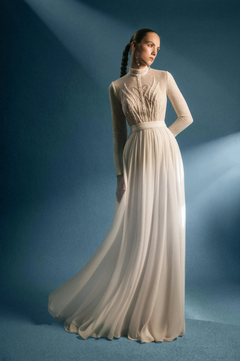 Ivory Aura Dress – Luxury Ivory High-Neck Long-Sleeve Gown with Flowing Skirt