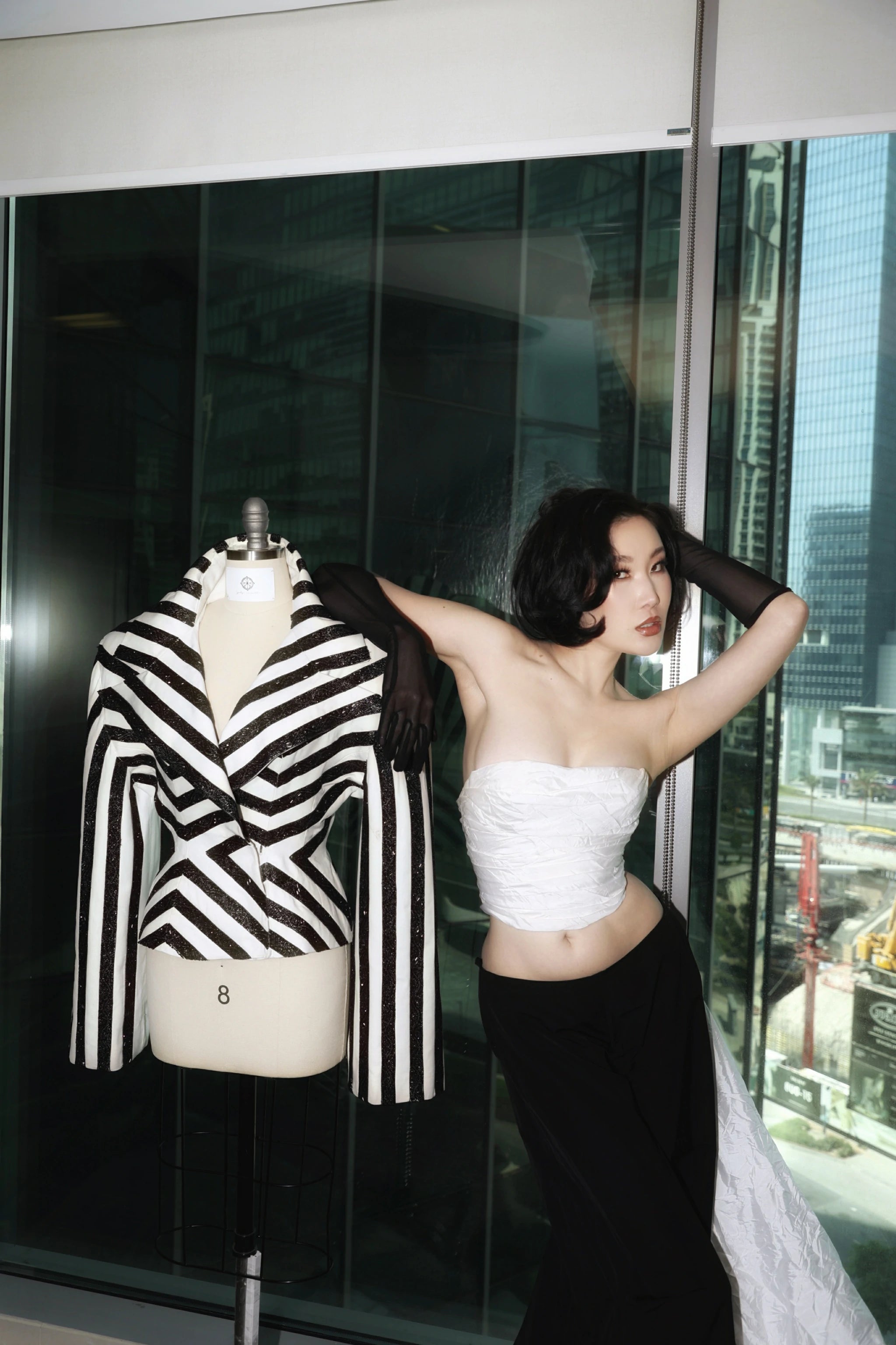 Noir Geometry Dress | Black and White Structured Maxi Couture Dress | Atelier by Designers & Us