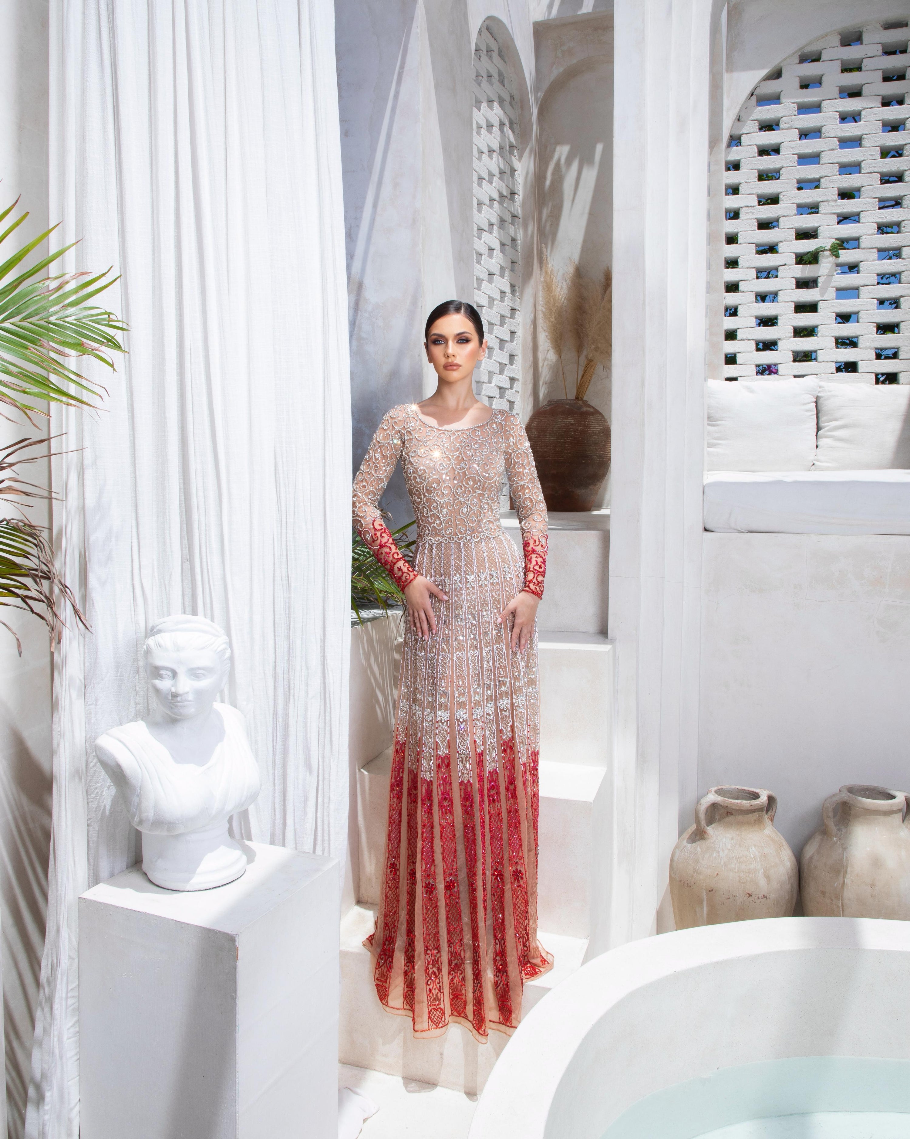 Celestine Rouge Dress | Ivory and Red Lace Couture Gown