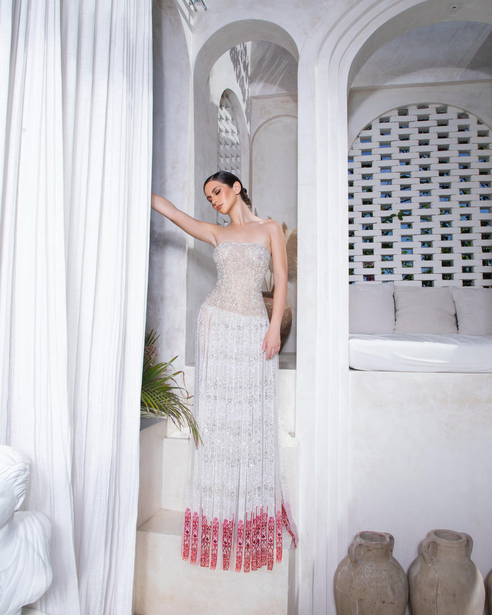 Opaline Grace Dress | White and Red Lace Strapless Couture Gown