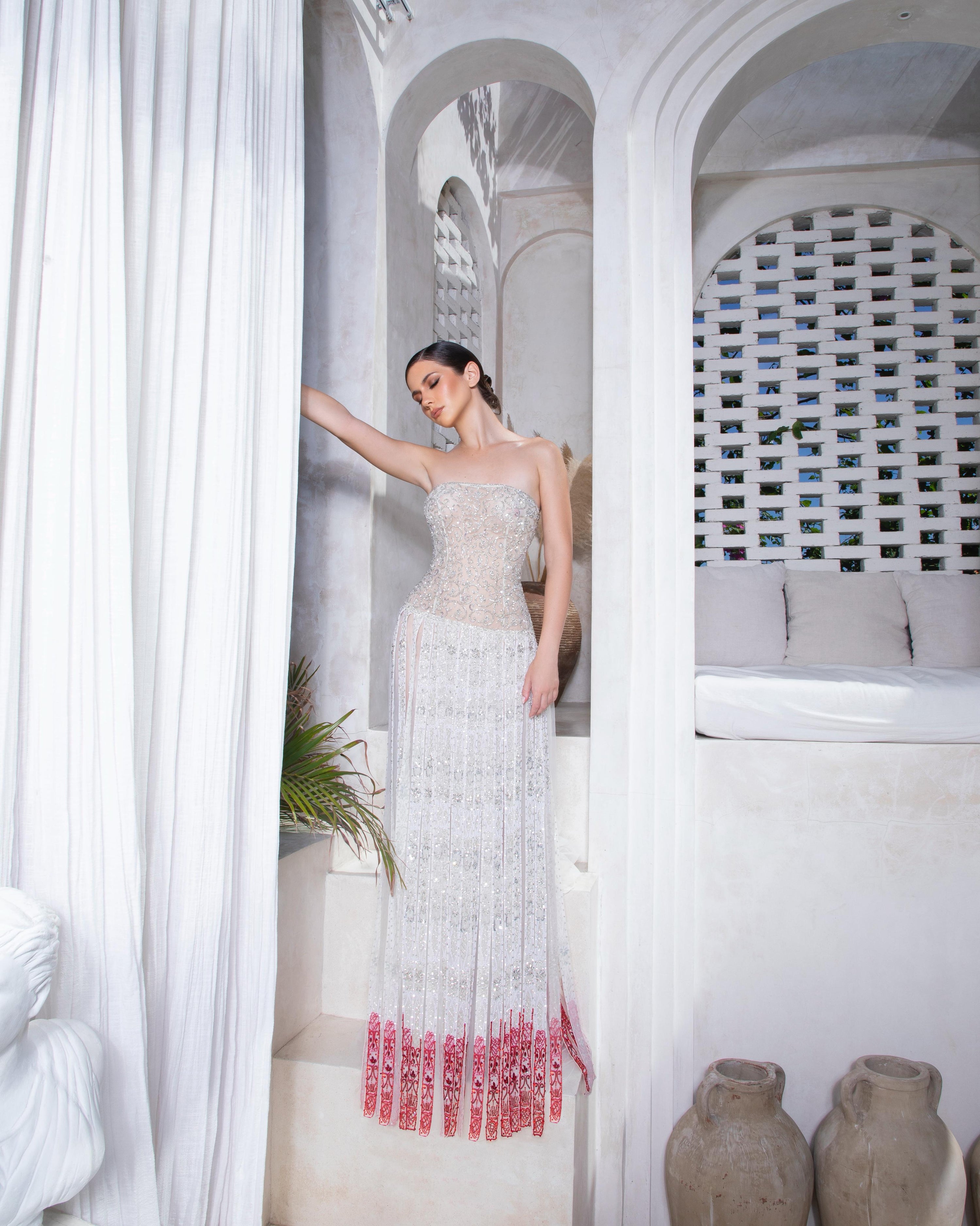 Opaline Grace Dress | White and Red Lace Strapless Couture Gown