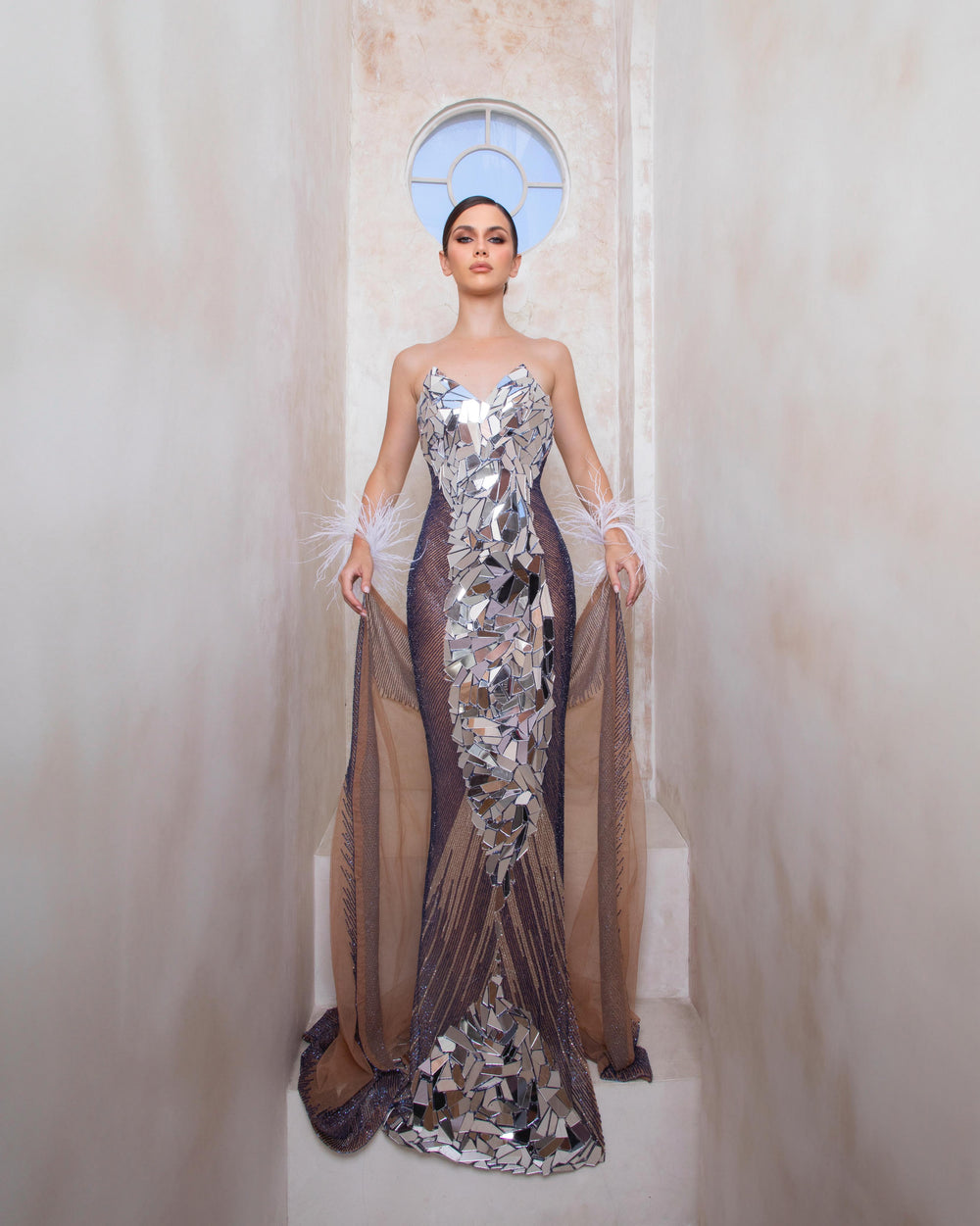 Lunaris Reflection Dress | Mirrored Couture Gown with Feathers