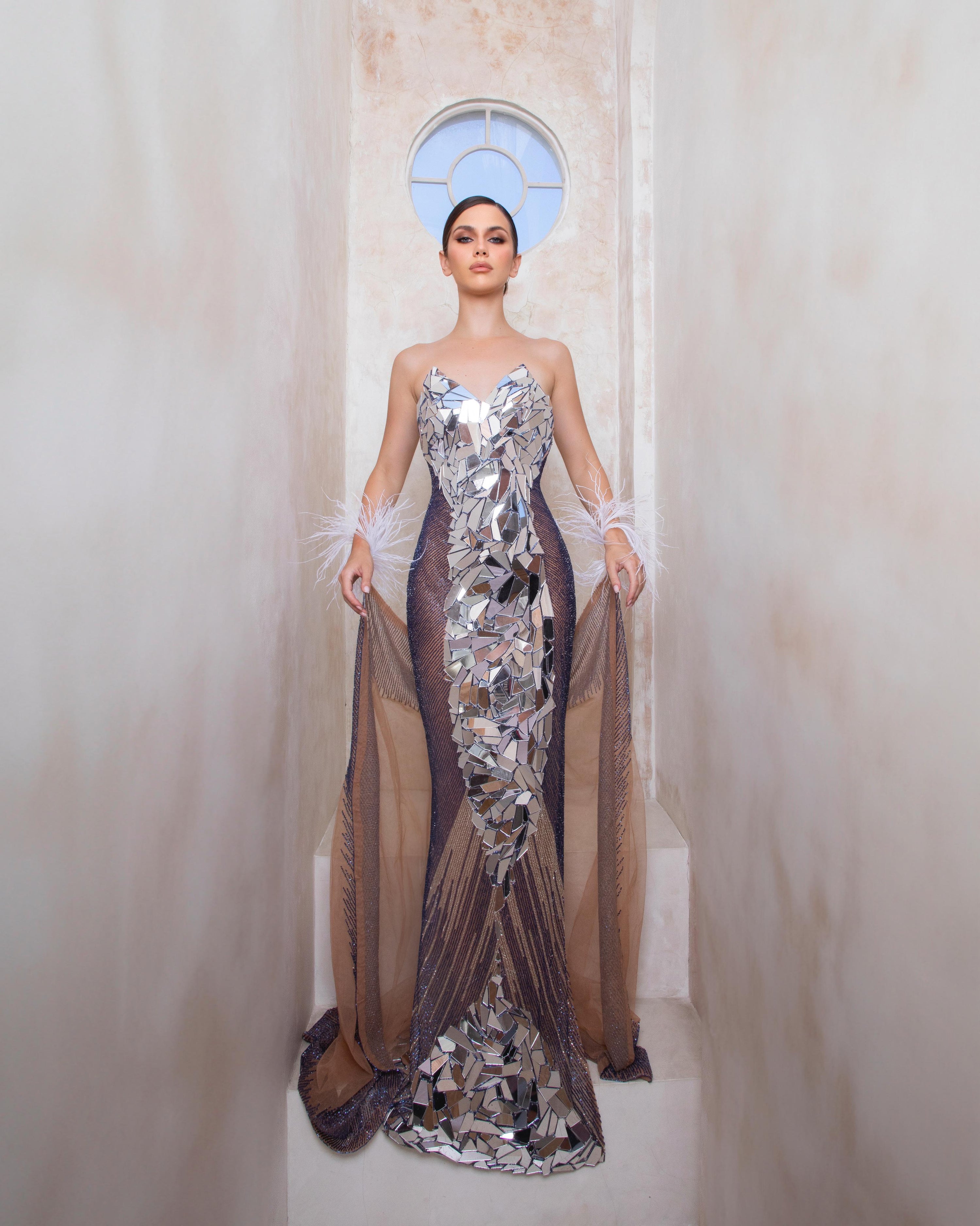 Lunaris Reflection Dress | Mirrored Couture Gown with Feathers