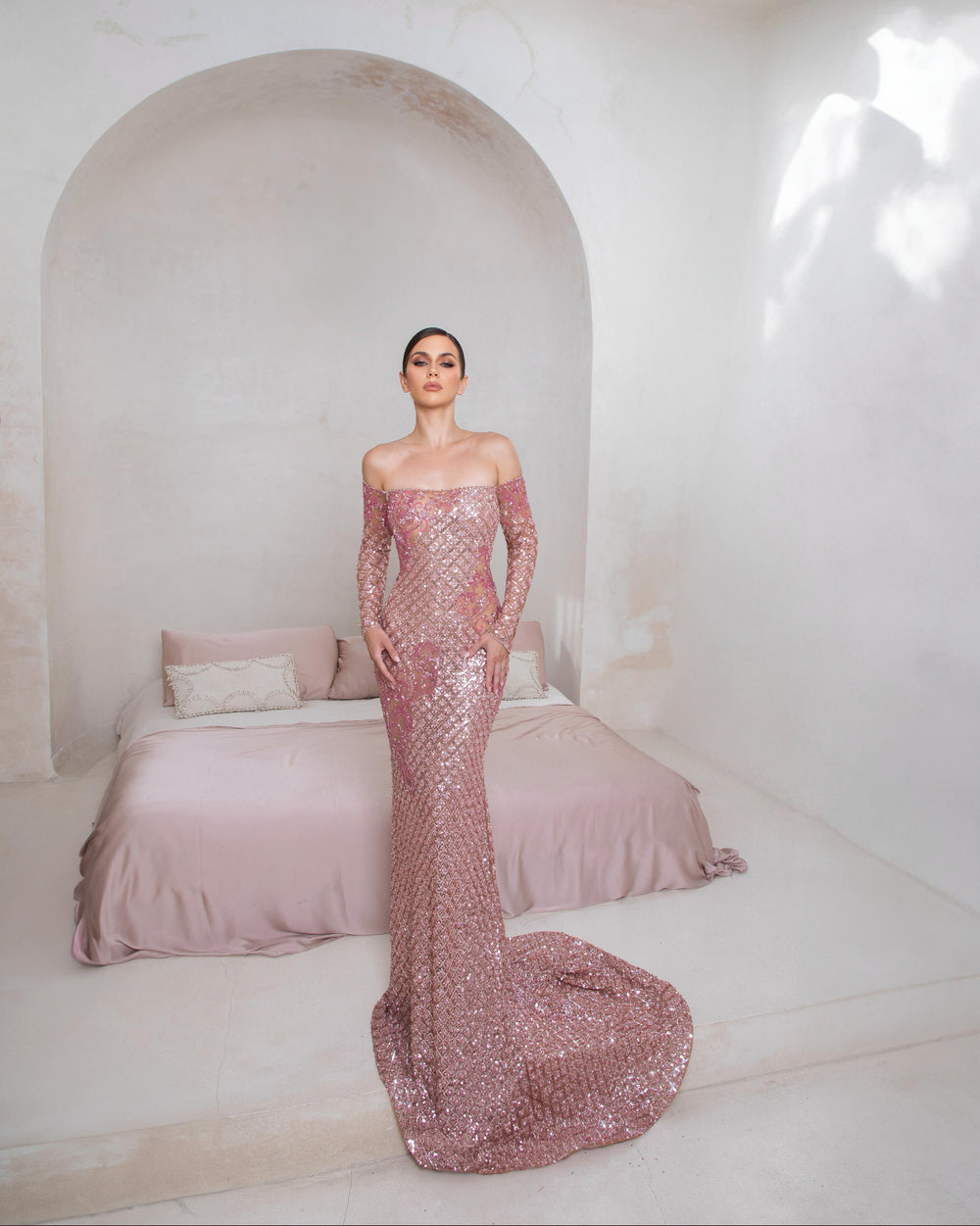 Rosalia Éclat Dress | Blush Sequin Off-Shoulder Couture Gown