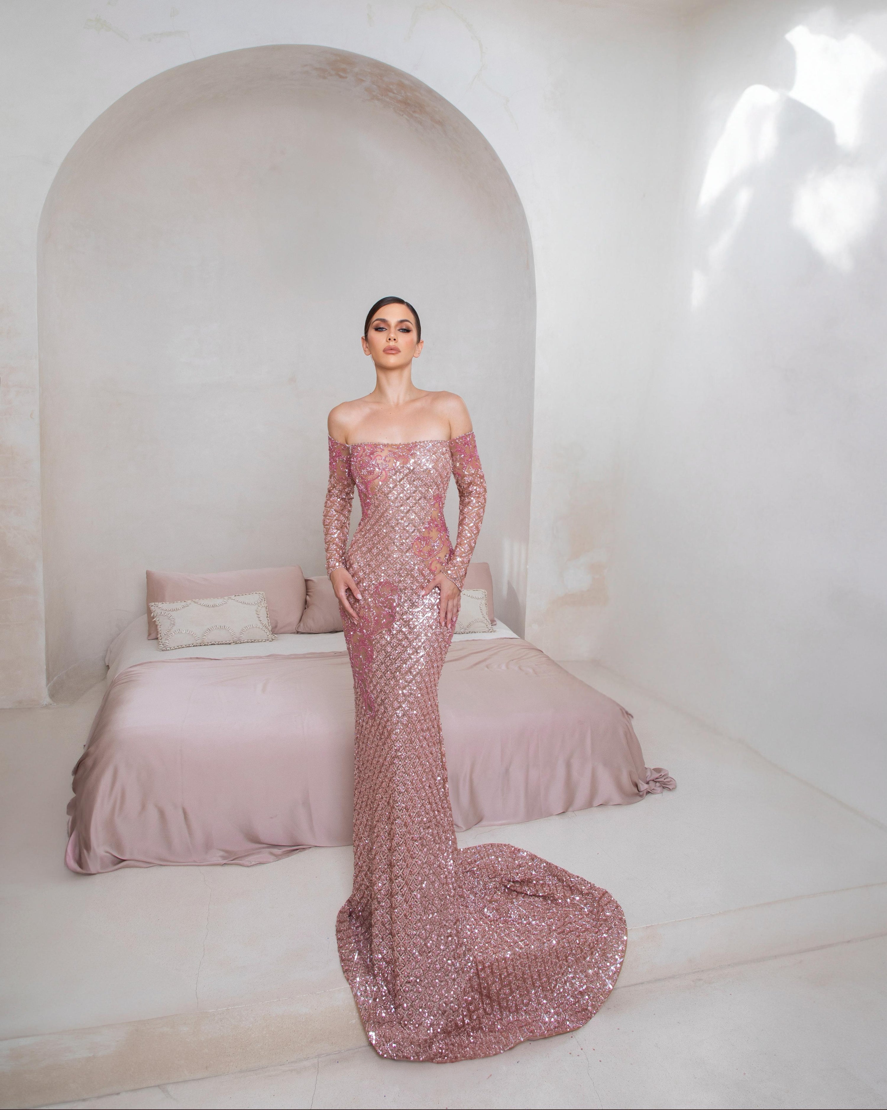 Rosalia Éclat Dress | Blush Sequin Off-Shoulder Couture Gown