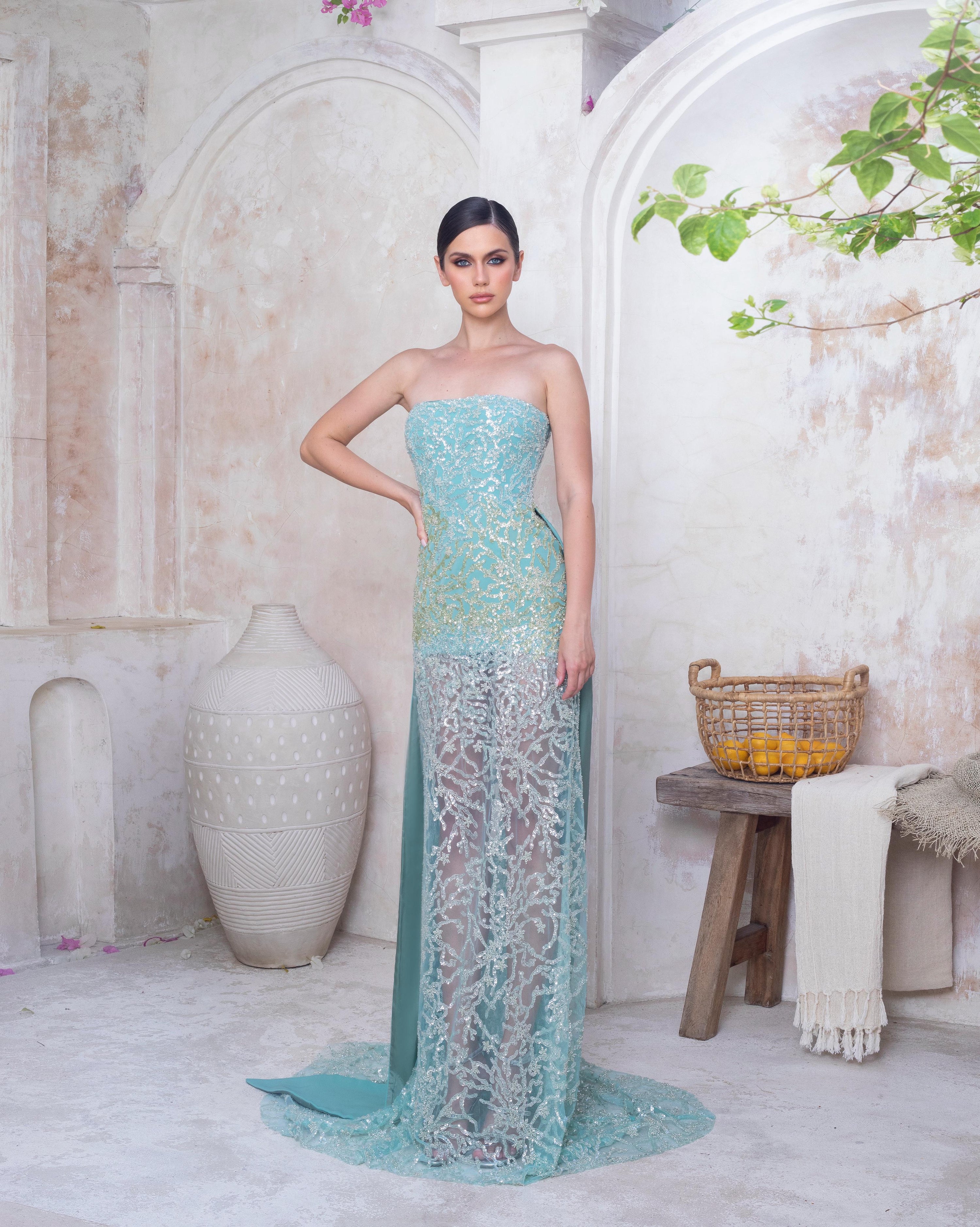Seafoam Whisper Dress – Aqua Blue Strapless Maxi Gown with Embroidered Mesh Overlay