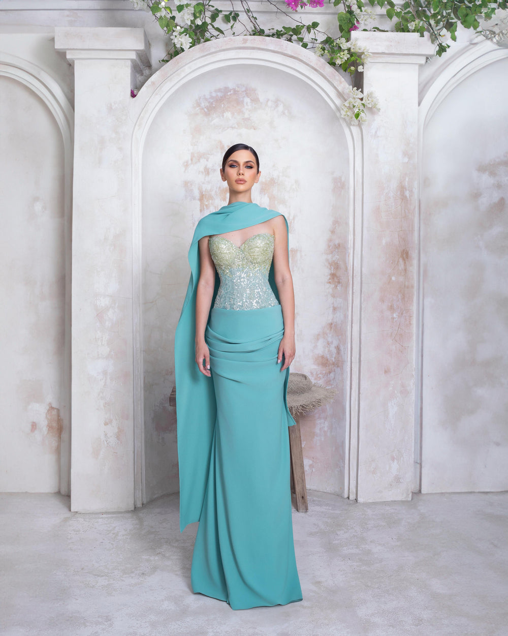 Aqua Seraphina Dress | Luxury Silk Crepe Couture Gown