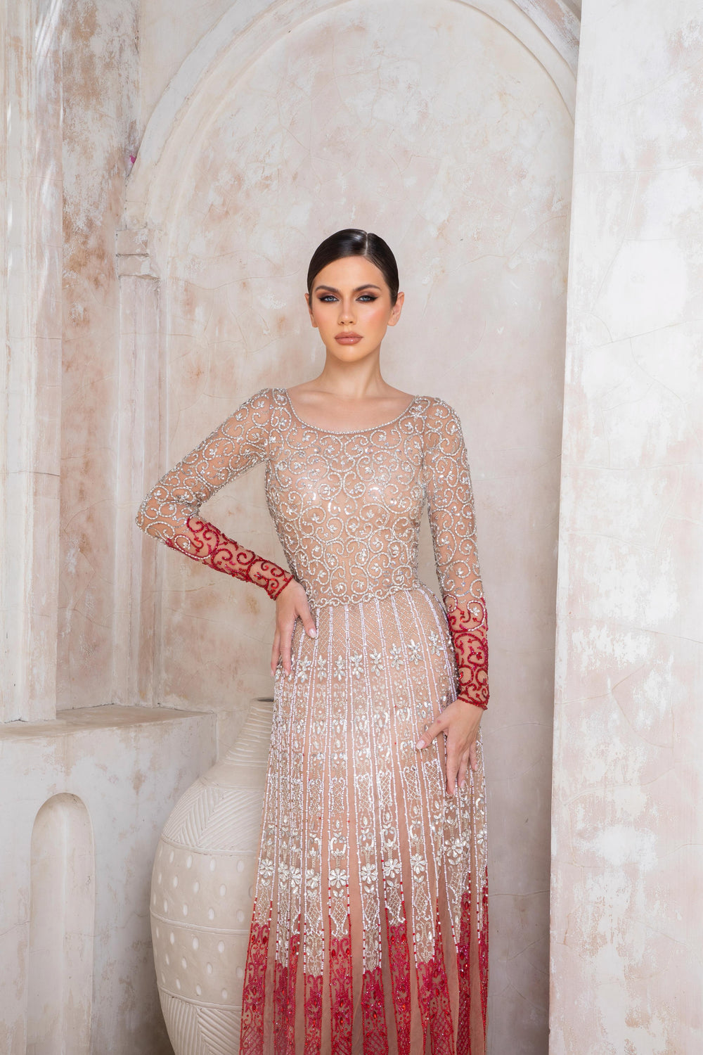 Celestine Rouge Dress | Ivory and Red Lace Couture Gown