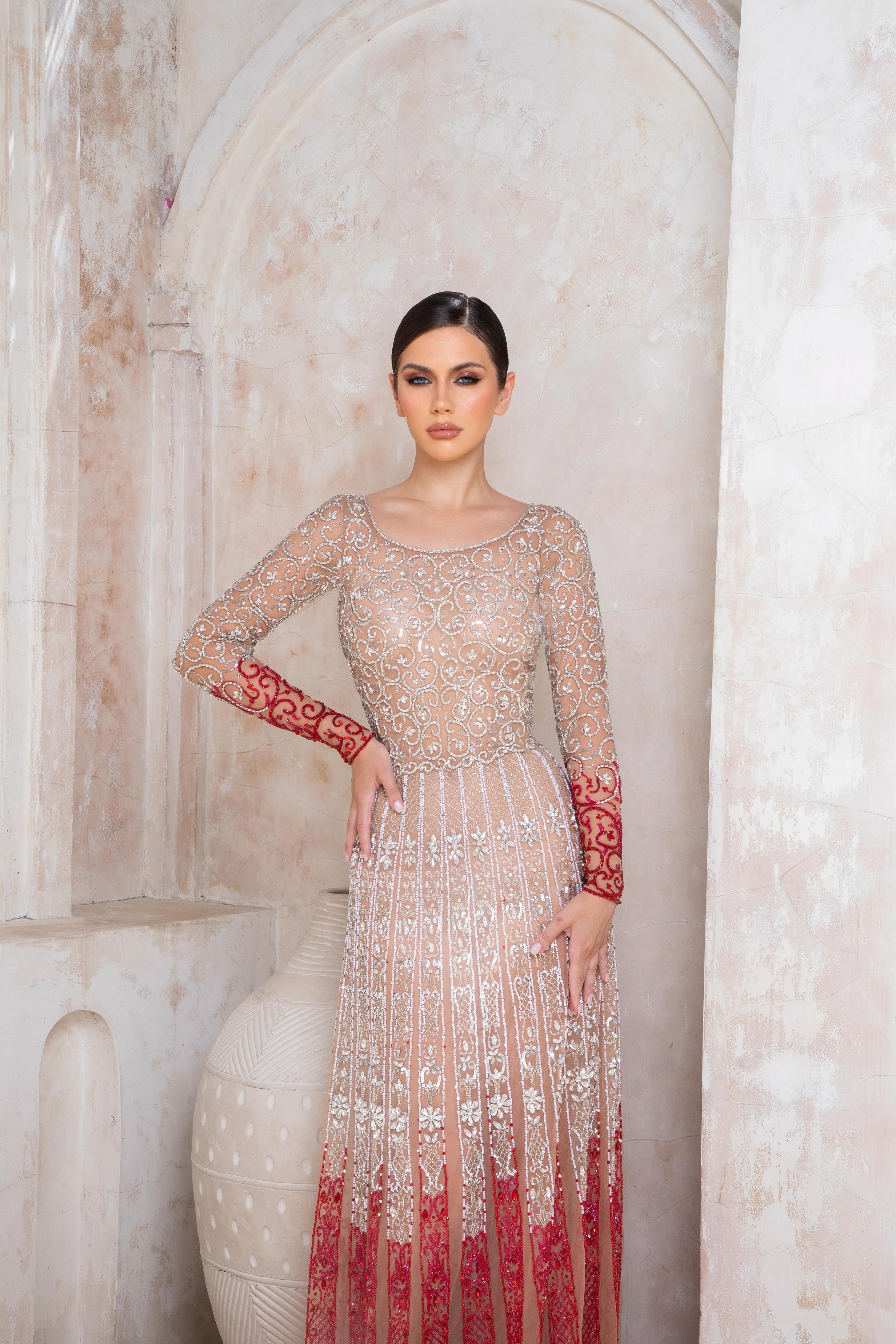Celestine Rouge Dress | Ivory and Red Lace Couture Gown