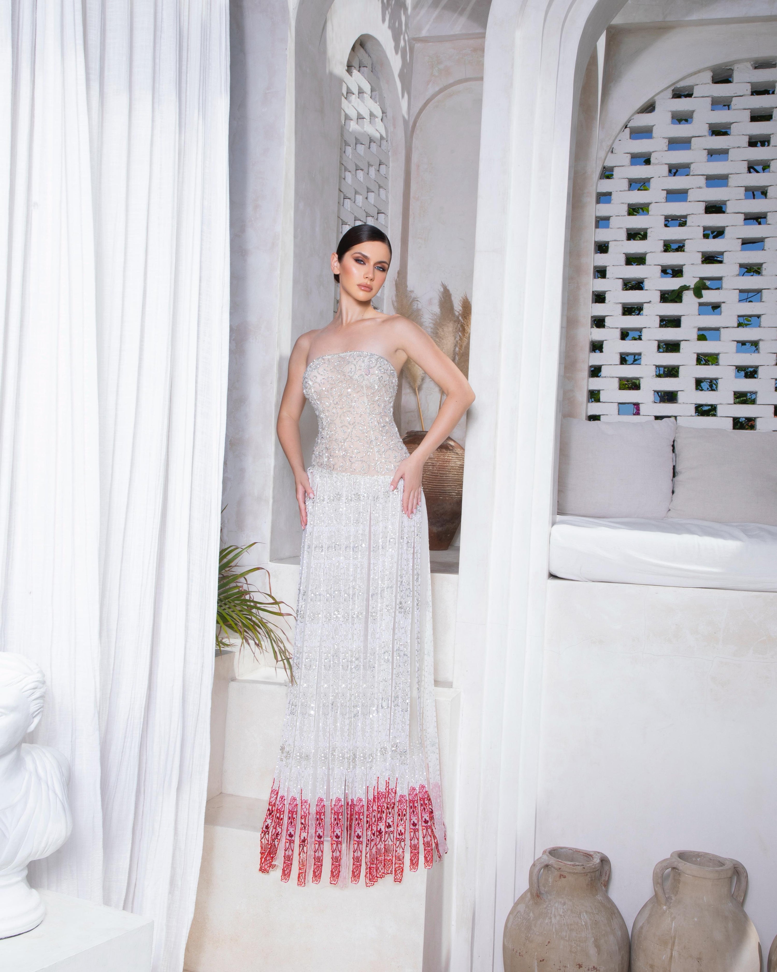 Opaline Grace Dress | White and Red Lace Strapless Couture Gown