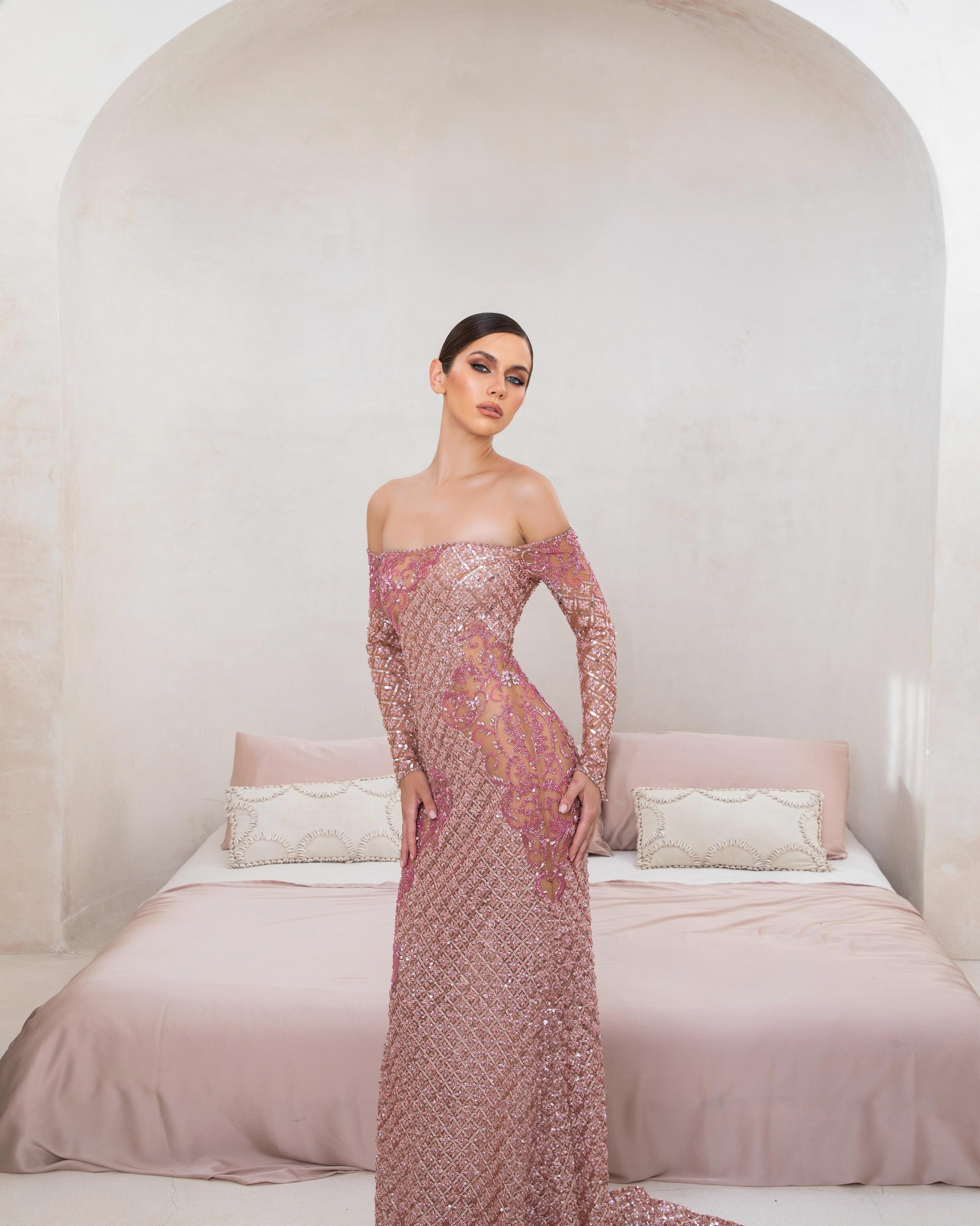Rosalia Éclat Dress | Blush Sequin Off-Shoulder Couture Gown