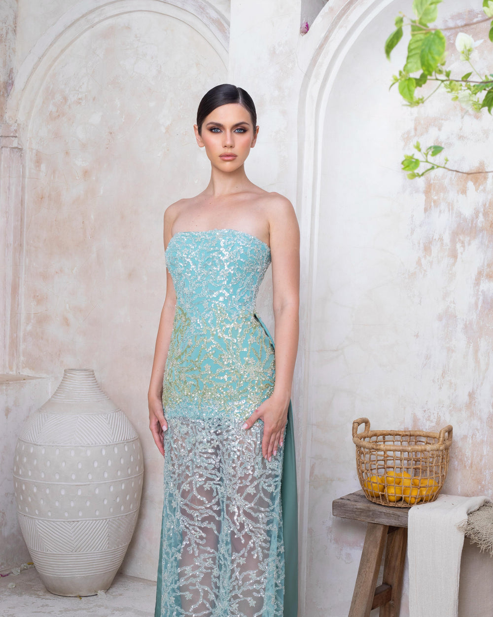 Seafoam Whisper Dress – Aqua Blue Strapless Maxi Gown with Embroidered Mesh Overlay
