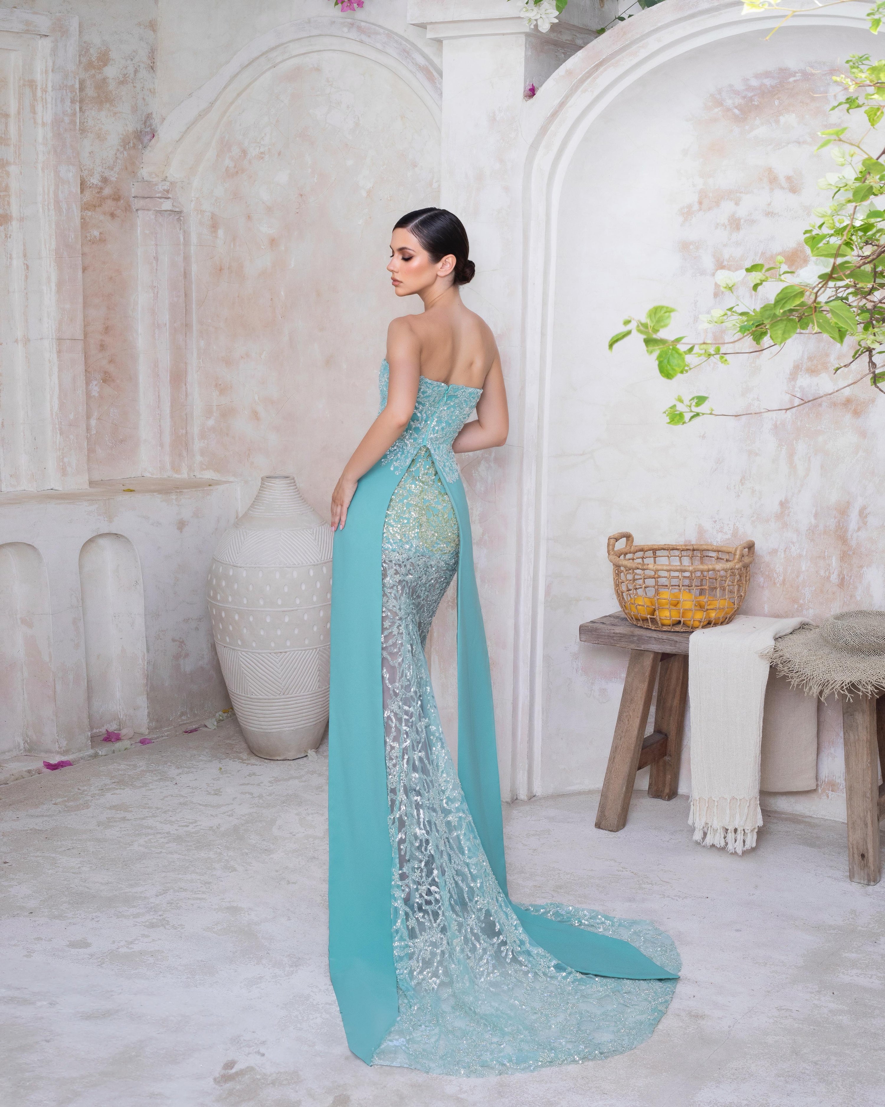 Seafoam Whisper Dress – Aqua Blue Strapless Maxi Gown with Embroidered Mesh Overlay