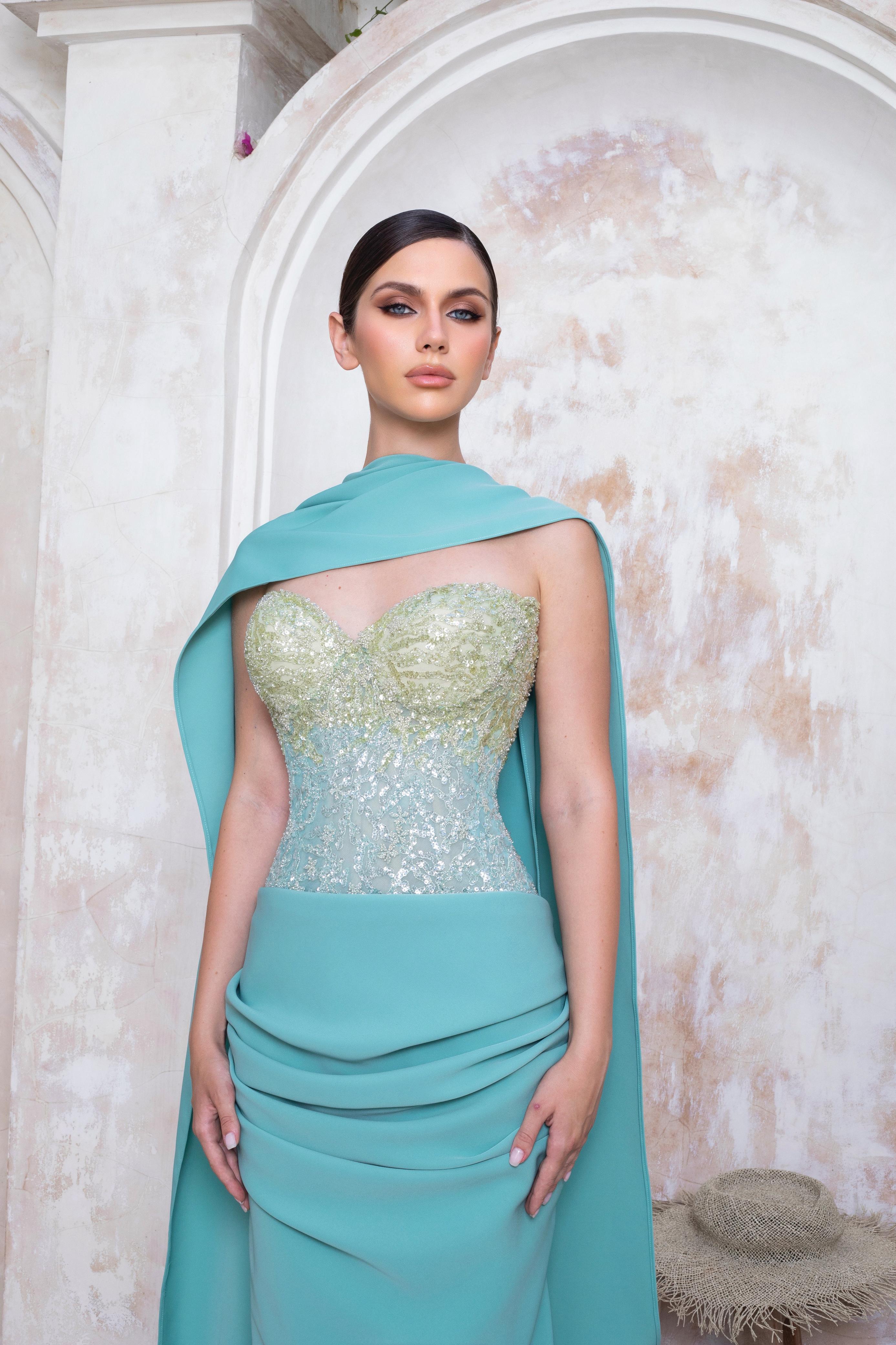Aqua Seraphina Dress | Luxury Silk Crepe Couture Gown