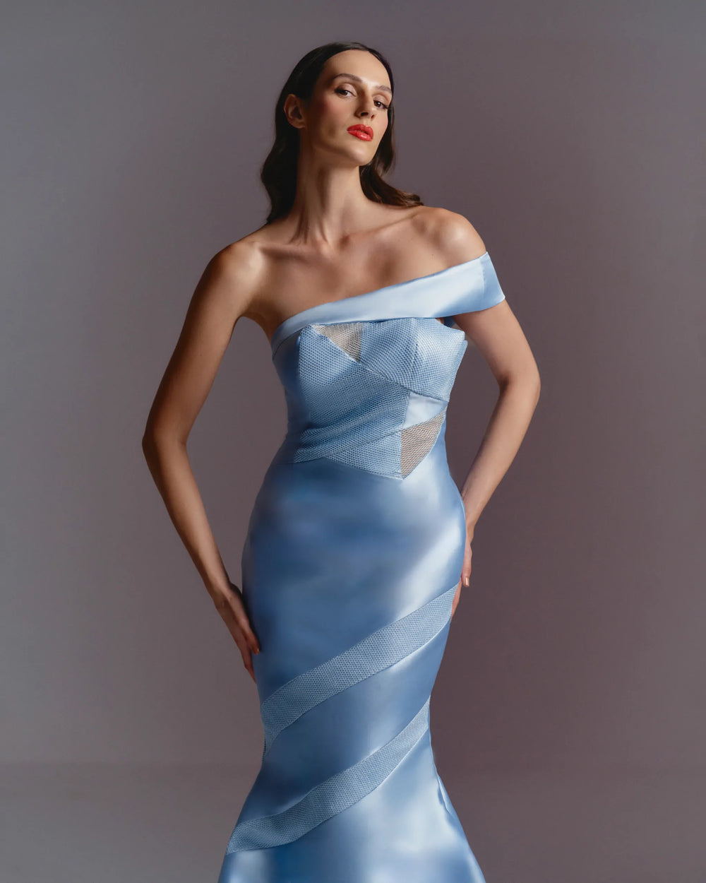 Azure Siren Blue Satin Mermaid Gown with Asymmetric Neckline