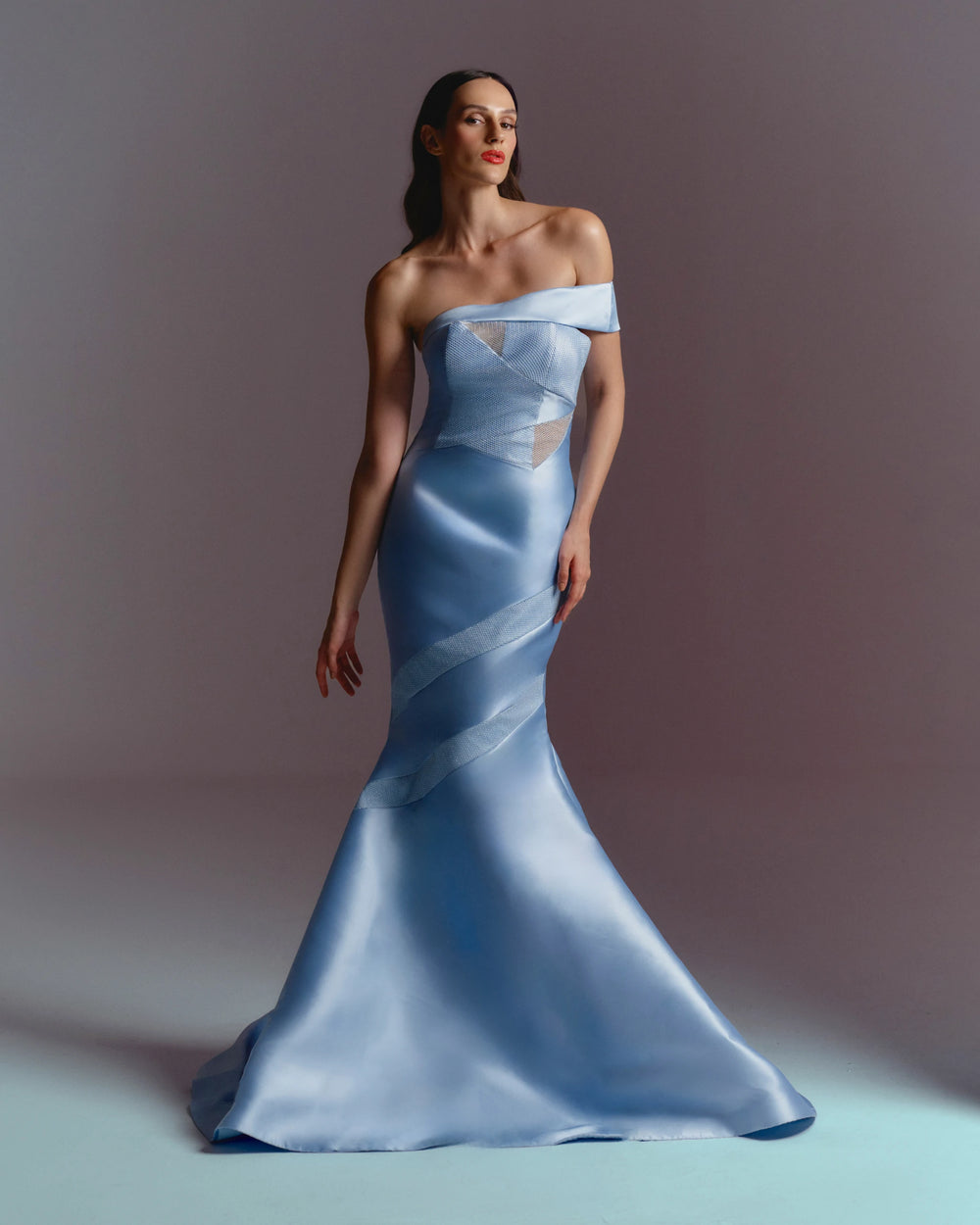 Azure Siren Blue Satin Mermaid Gown with Asymmetric Neckline