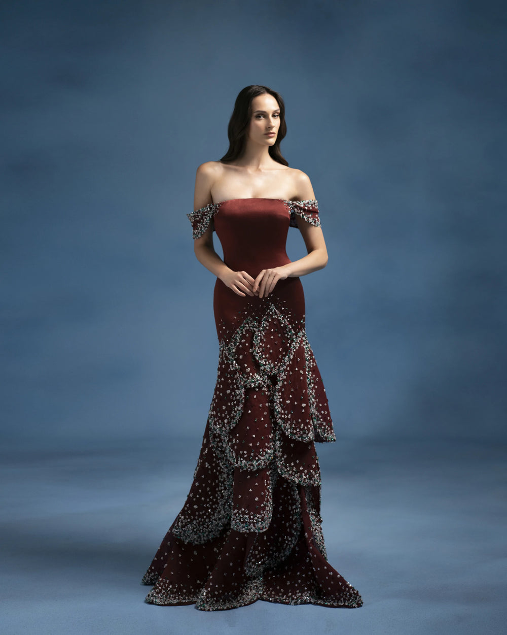 Red Layered Floral Embellished Gown