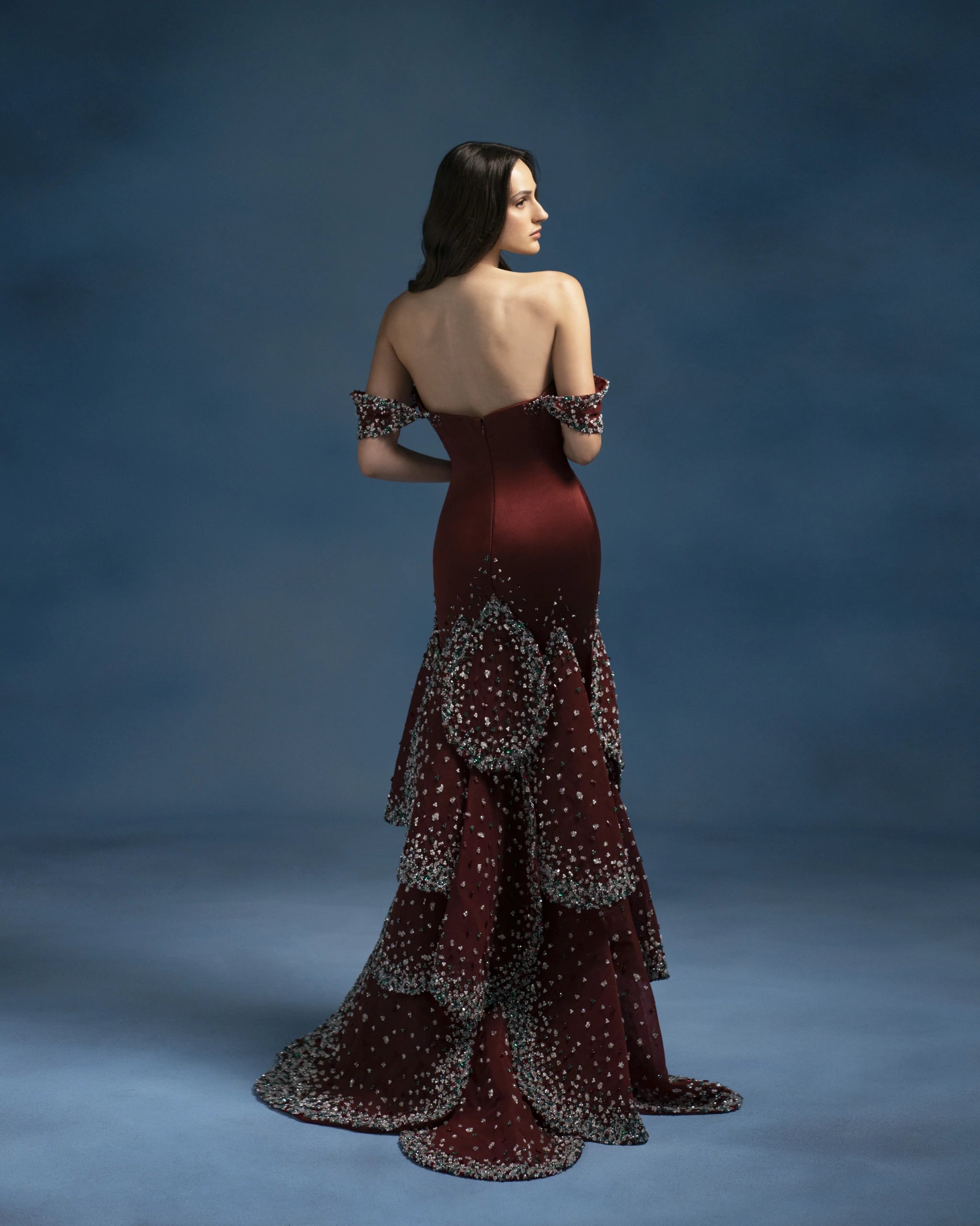 Red Layered Floral Embellished Gown